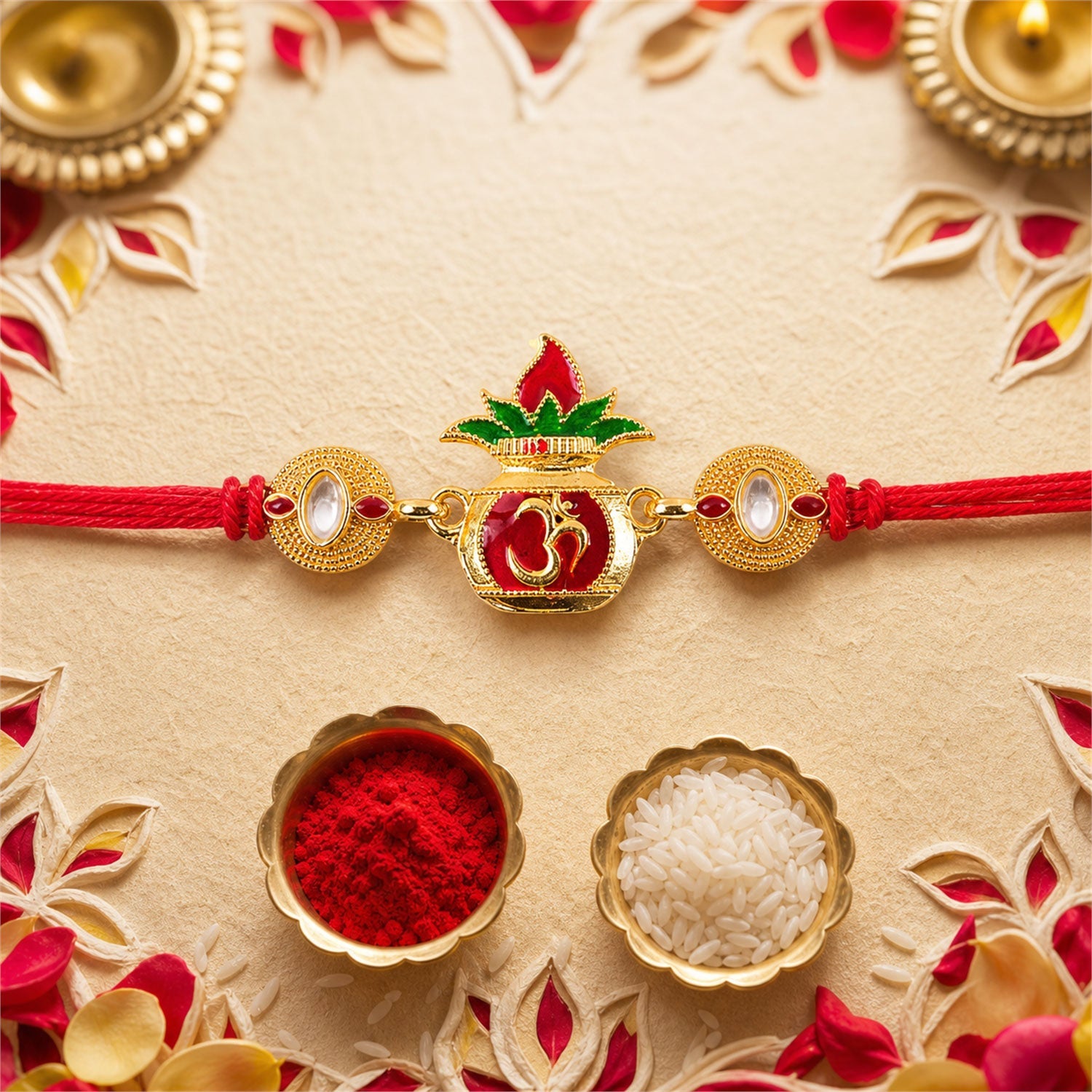 Om Lotus Red Green Enamel Gold Tone Rakhi
