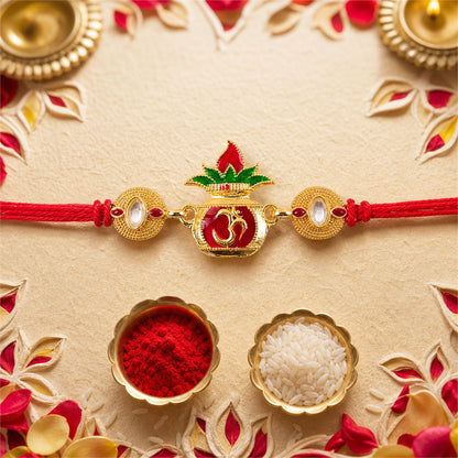 Om Lotus Red Green Enamel Gold Tone Rakhi