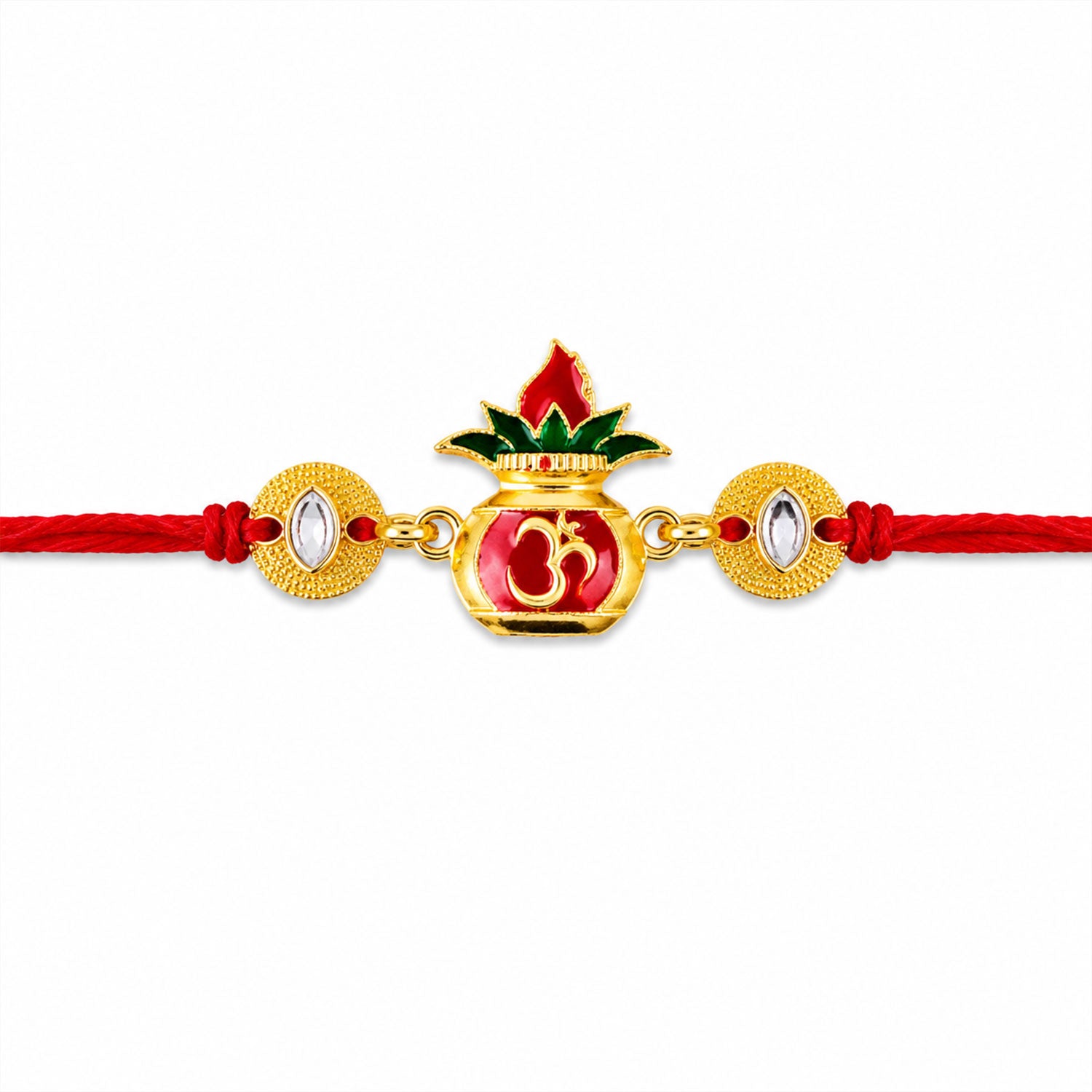 Om Lotus Red Green Enamel Gold Tone Rakhi
