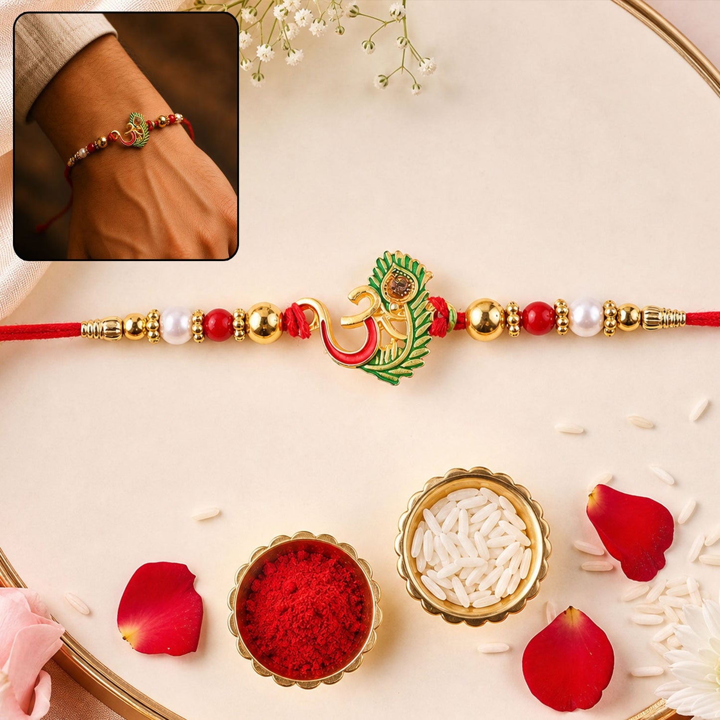 Om Peacock Feather Green Enamel Gold Tone Rakhi