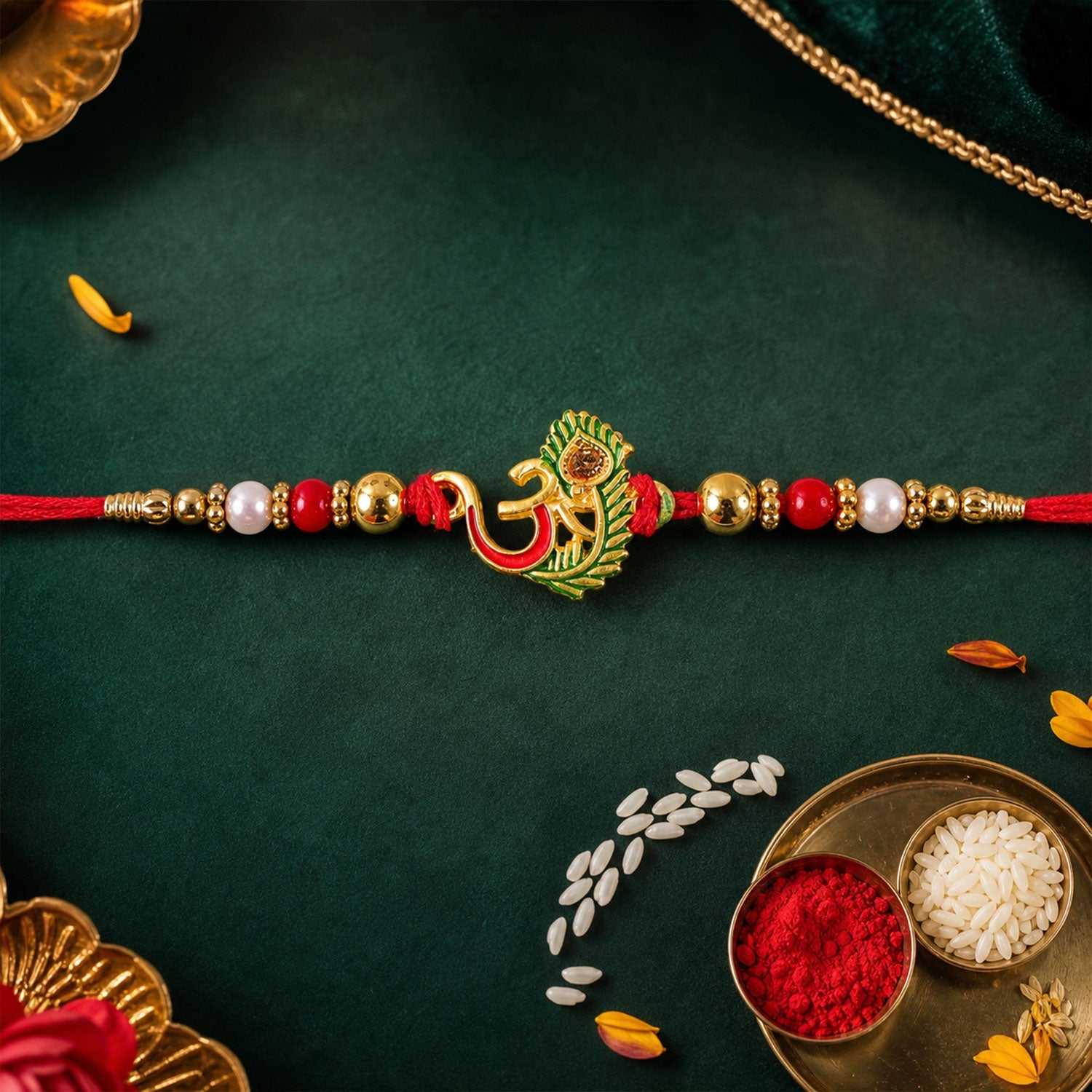 Om Peacock Feather Green Enamel Gold Tone Rakhi