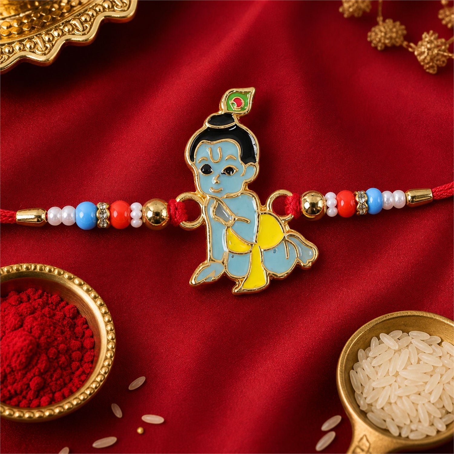 Lord Krishna Blue Enamel Multicolor Bead Rakhi