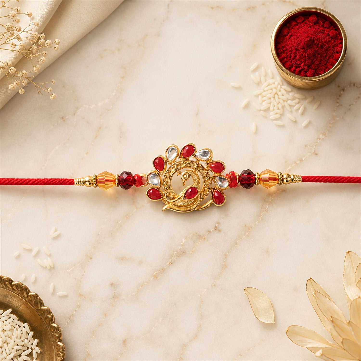 Peacock Red Stone Studded Gold Tone Rakhi