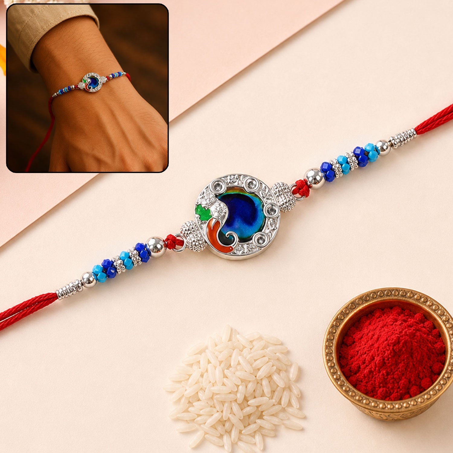 Peacock Blue Stone Silver Tone Rakhi