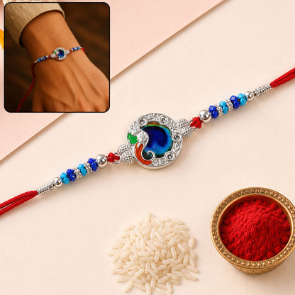 Peacock Blue Stone Silver Tone Rakhi