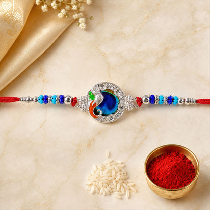 Peacock Blue Stone Silver Tone Rakhi