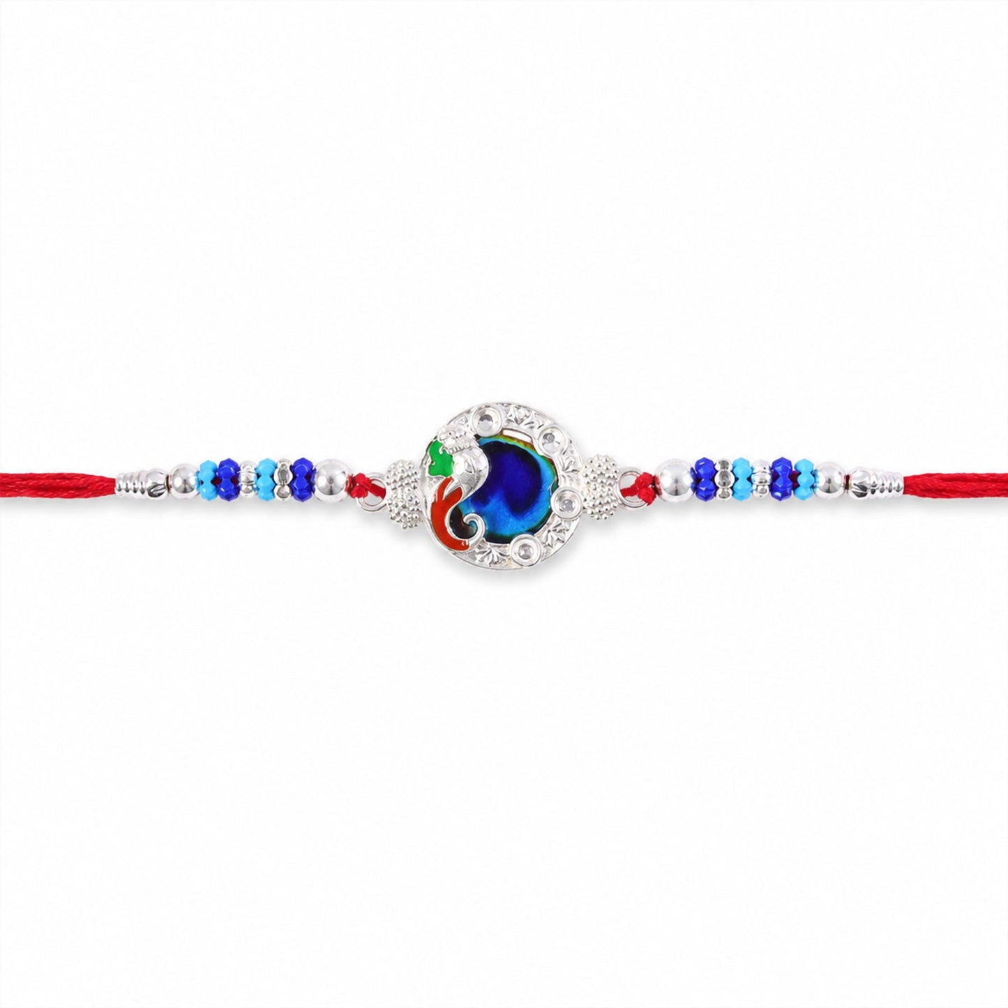 Peacock Blue Stone Silver Tone Rakhi