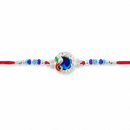 Peacock Blue Stone Silver Tone Rakhi
