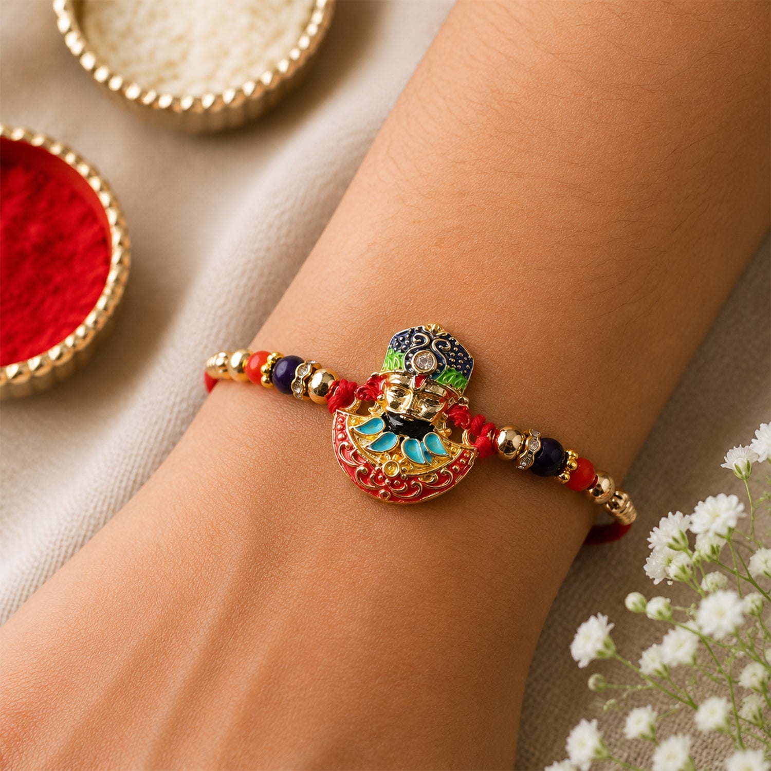 religion Face Multicolor Enamel Gold Tone Rakhi