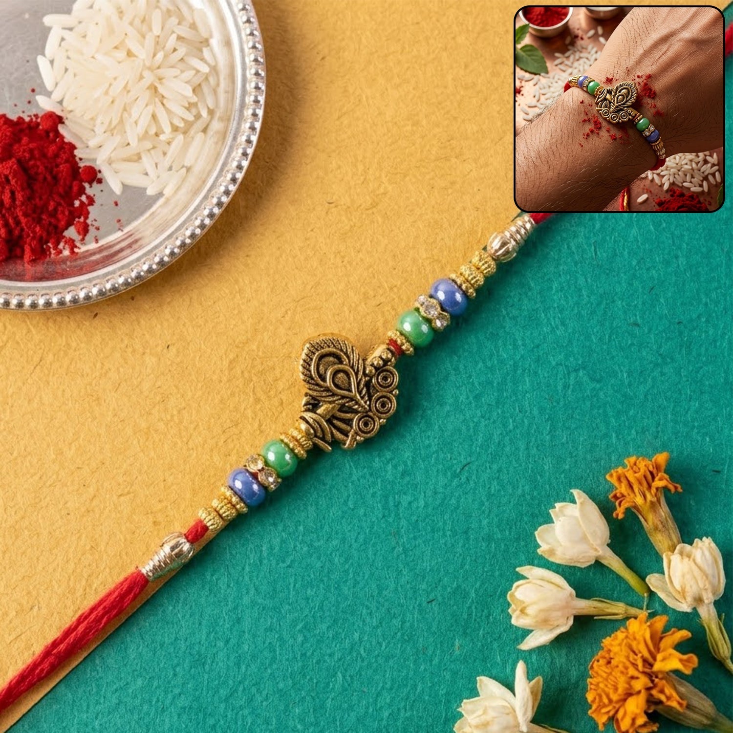 Antique Oxidized Golden Peacock Design Rakhi for Brother
