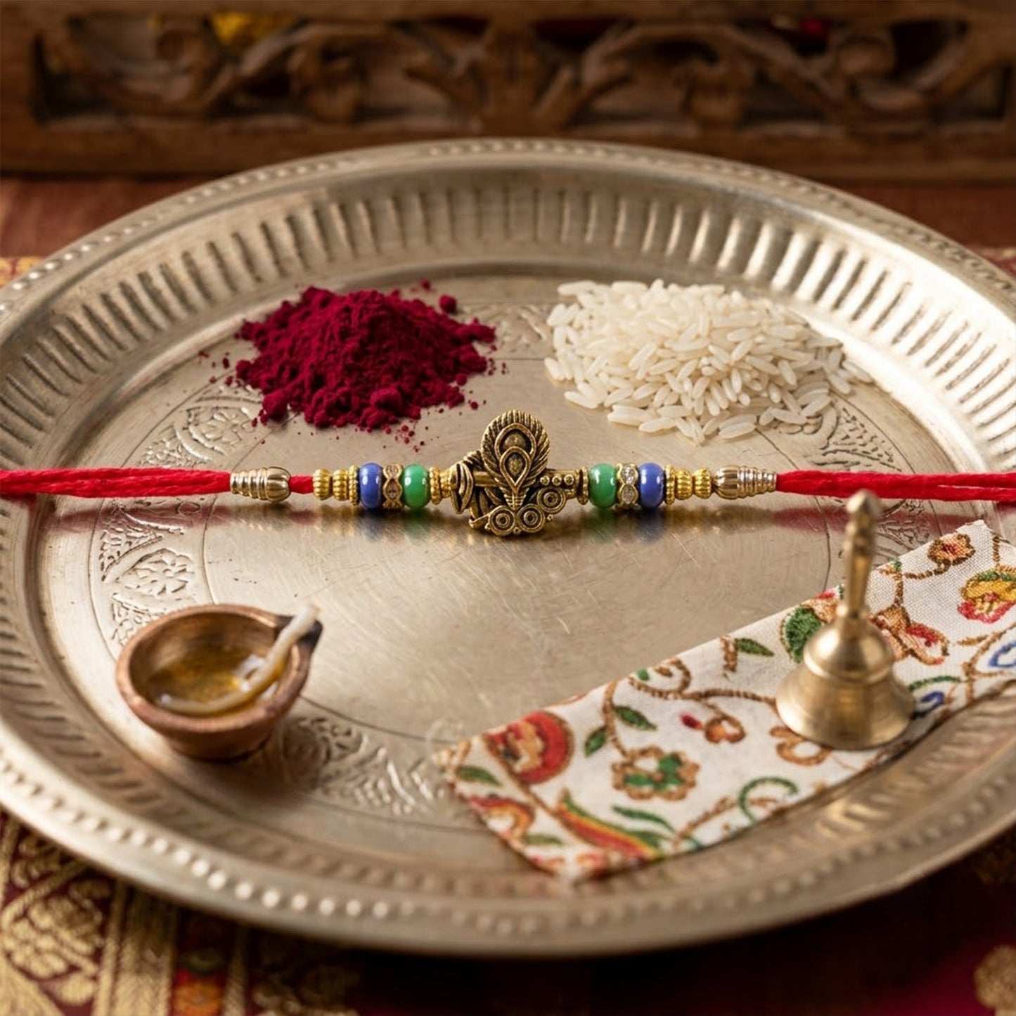 Antique Oxidized Golden Peacock Design Rakhi for Brother