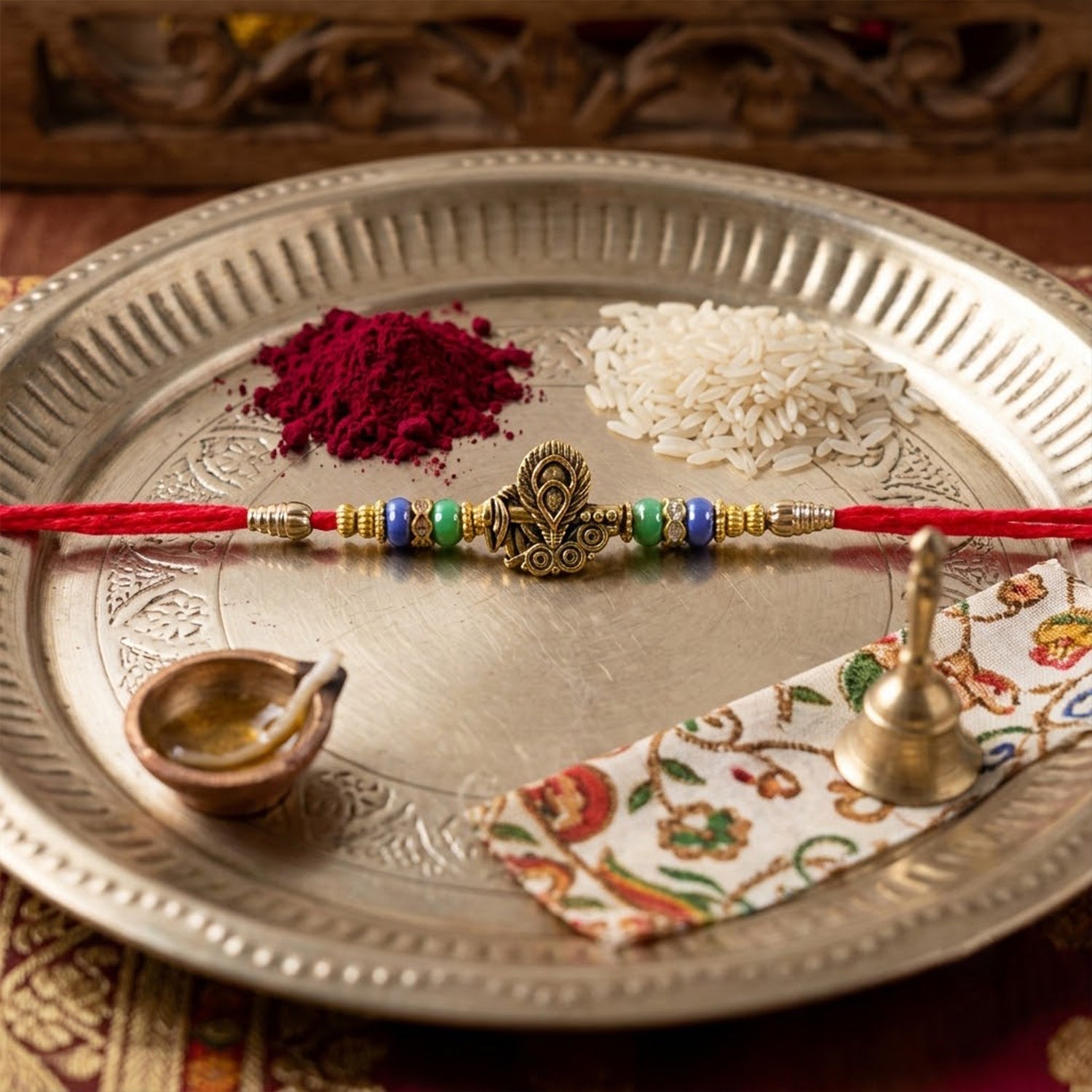 Antique Oxidized Golden Peacock Design Rakhi for Brother