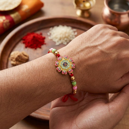 Multicolor Floral Om Meenakari Rakhi with Tassel for Brother