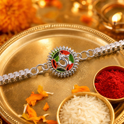 Silver Oxidized Meenakari Om Rakhi with Sunray Design