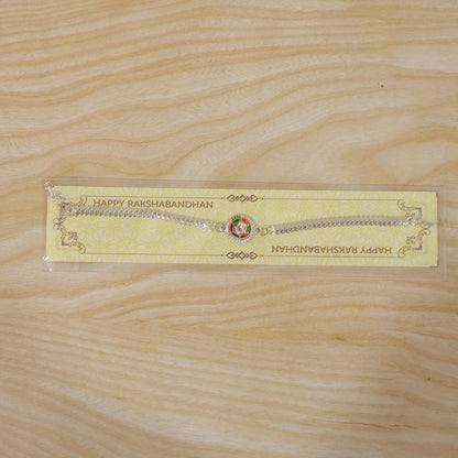 Silver Oxidized Meenakari Om Rakhi with Sunray Design