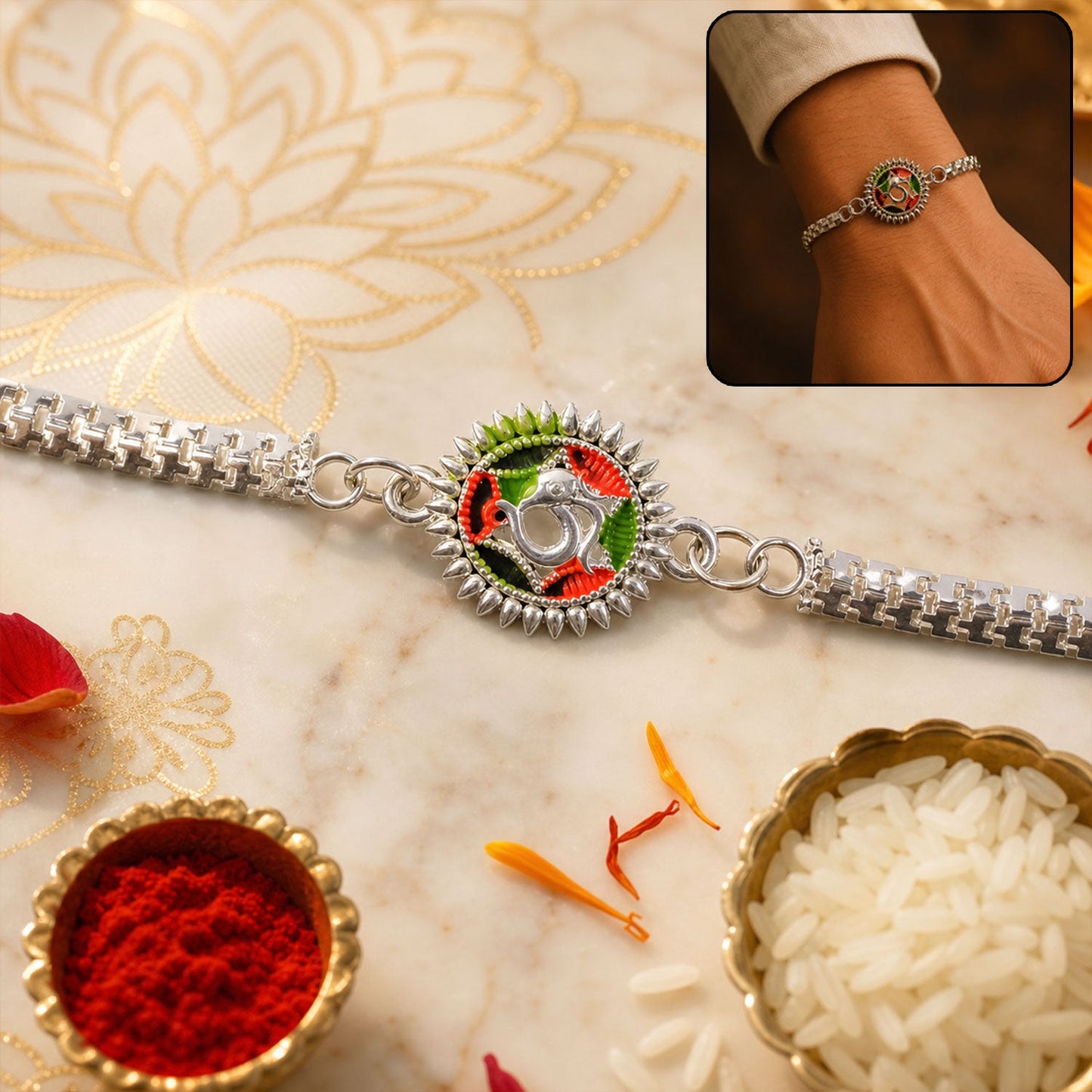 Silver Oxidized Meenakari Om Rakhi with Sunray Design