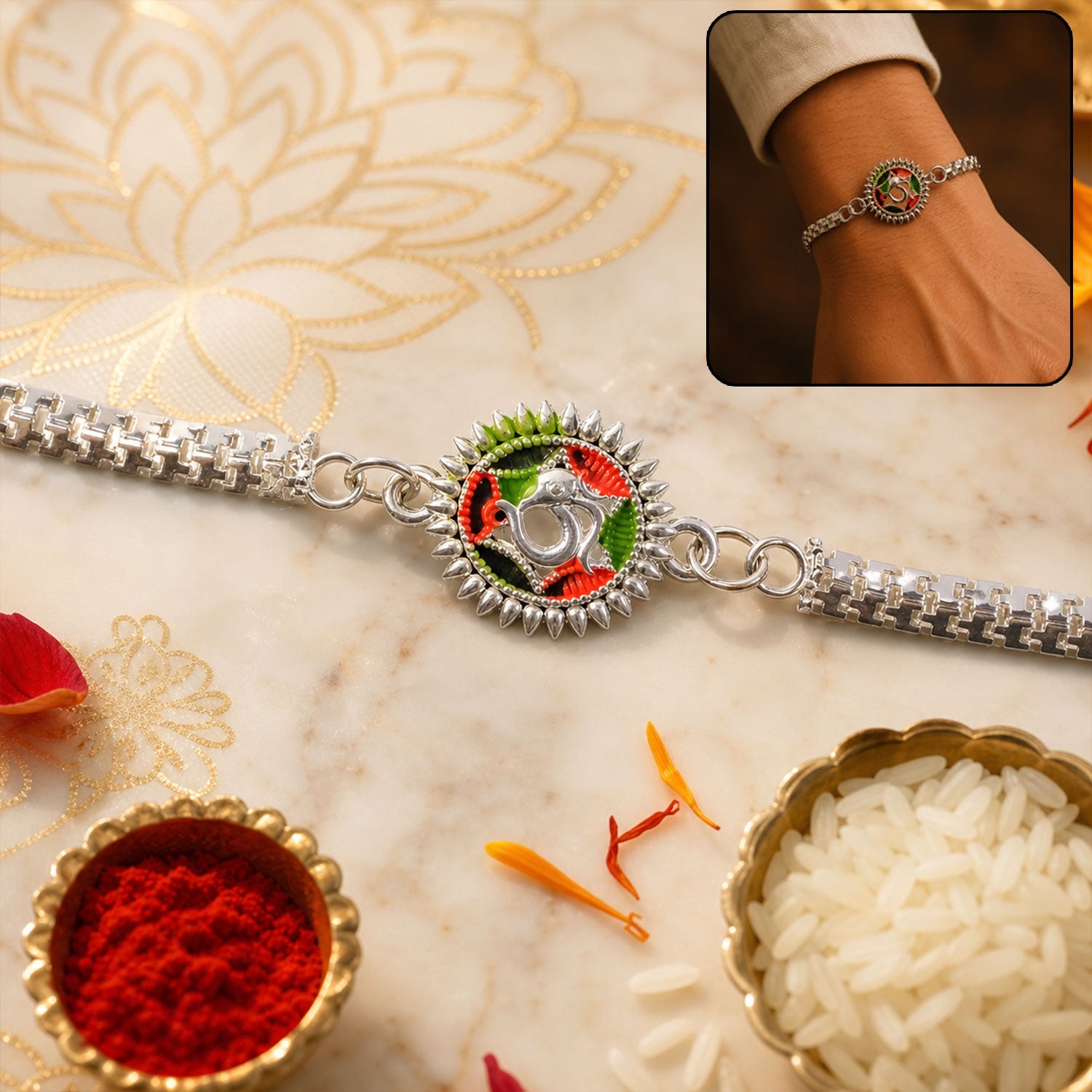 Silver Oxidized Meenakari Om Rakhi with Sunray Design