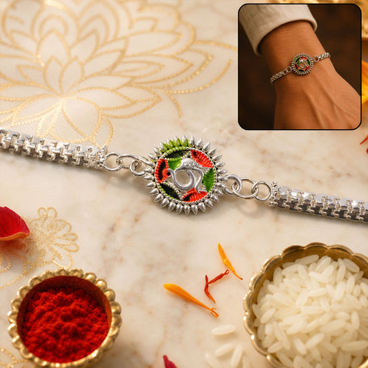 Silver Oxidized Meenakari Om Rakhi with Sunray Design