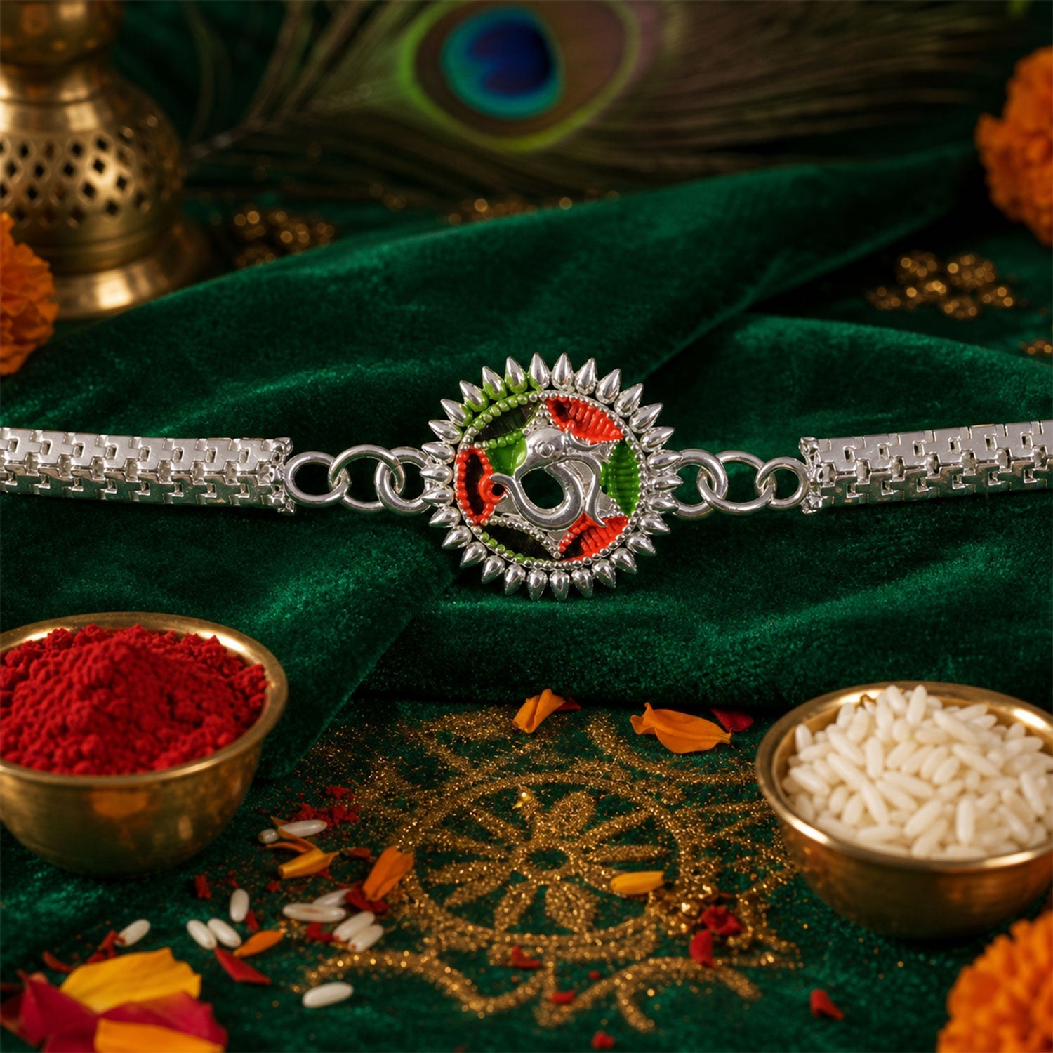 Silver Oxidized Meenakari Om Rakhi with Sunray Design