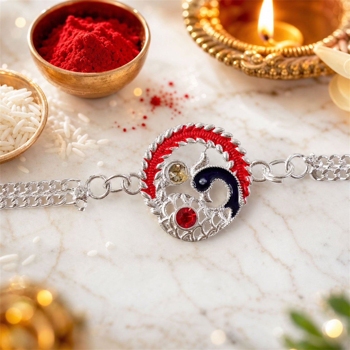 Silver Designer Peacock Rakhi
