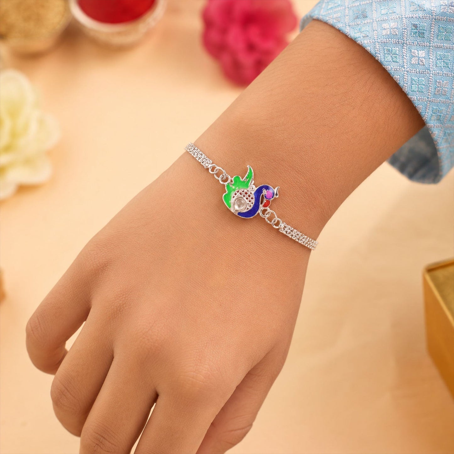 Silver Peacock Meenakari Chain Rakhi for Brother