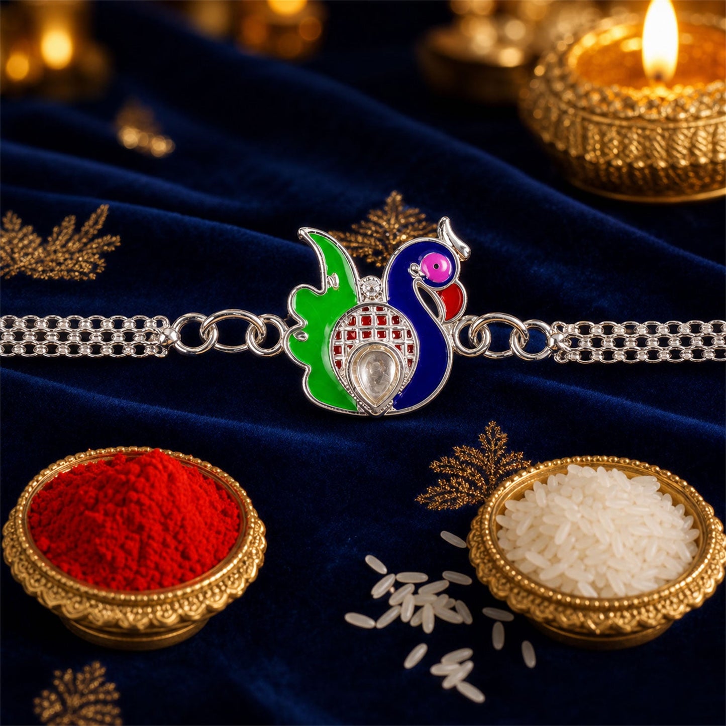 Silver Peacock Meenakari Chain Rakhi for Brother