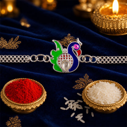 Silver Peacock Meenakari Chain Rakhi for Brother