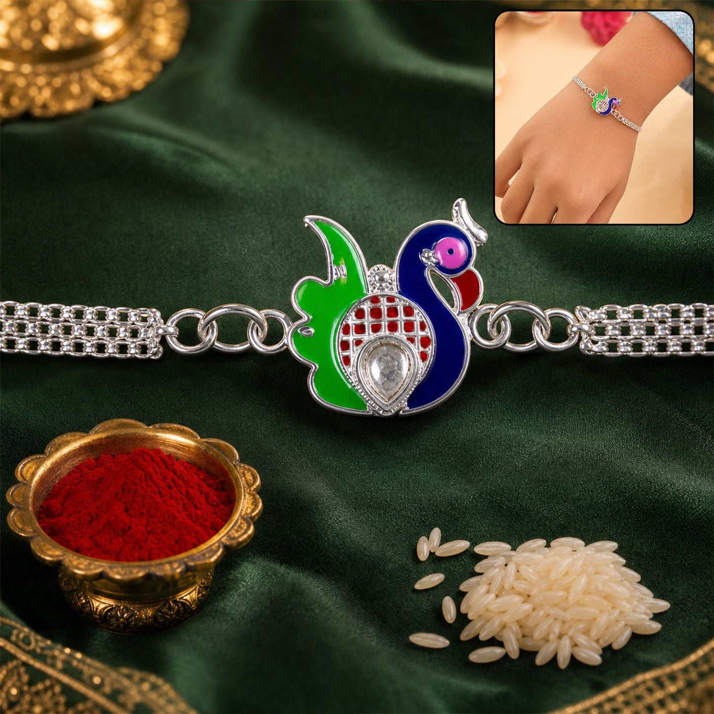 Silver Peacock Meenakari Chain Rakhi for Brother