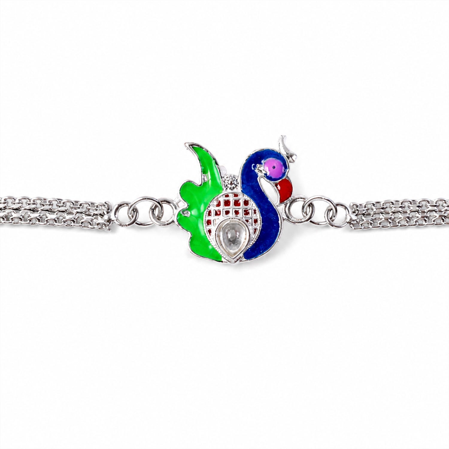 Silver Peacock Meenakari Chain Rakhi for Brother