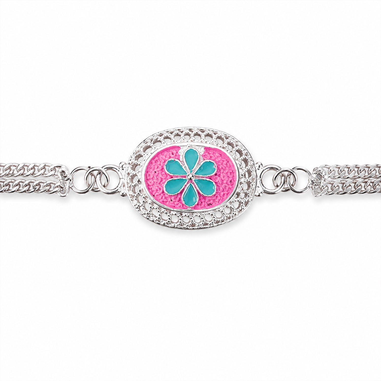 Silver Floral AD Stone Bracelet Rakhi for Brother