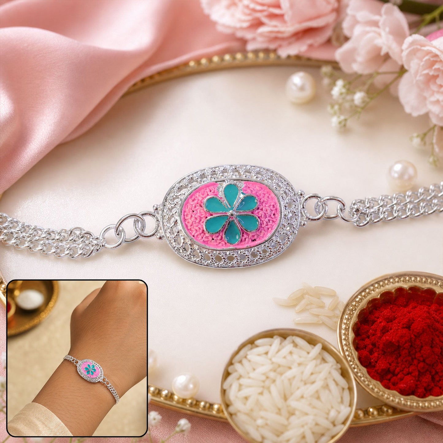 Silver Floral AD Stone Bracelet Rakhi for Brother