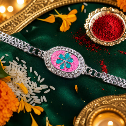 Silver Floral AD Stone Bracelet Rakhi for Brother