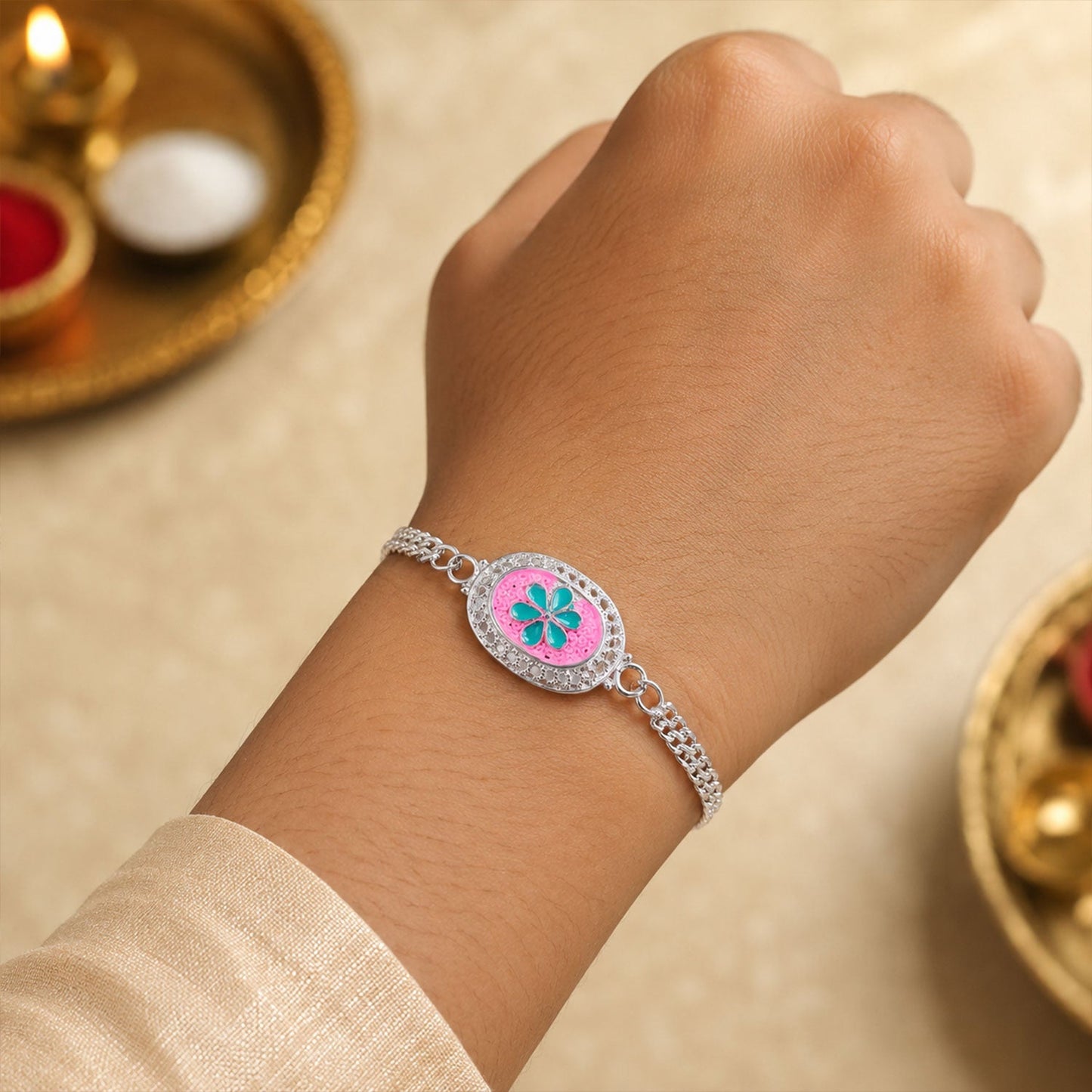 Silver Floral AD Stone Bracelet Rakhi for Brother