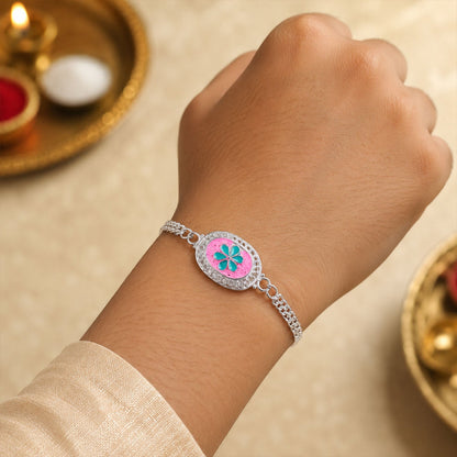 Silver Floral AD Stone Bracelet Rakhi for Brother