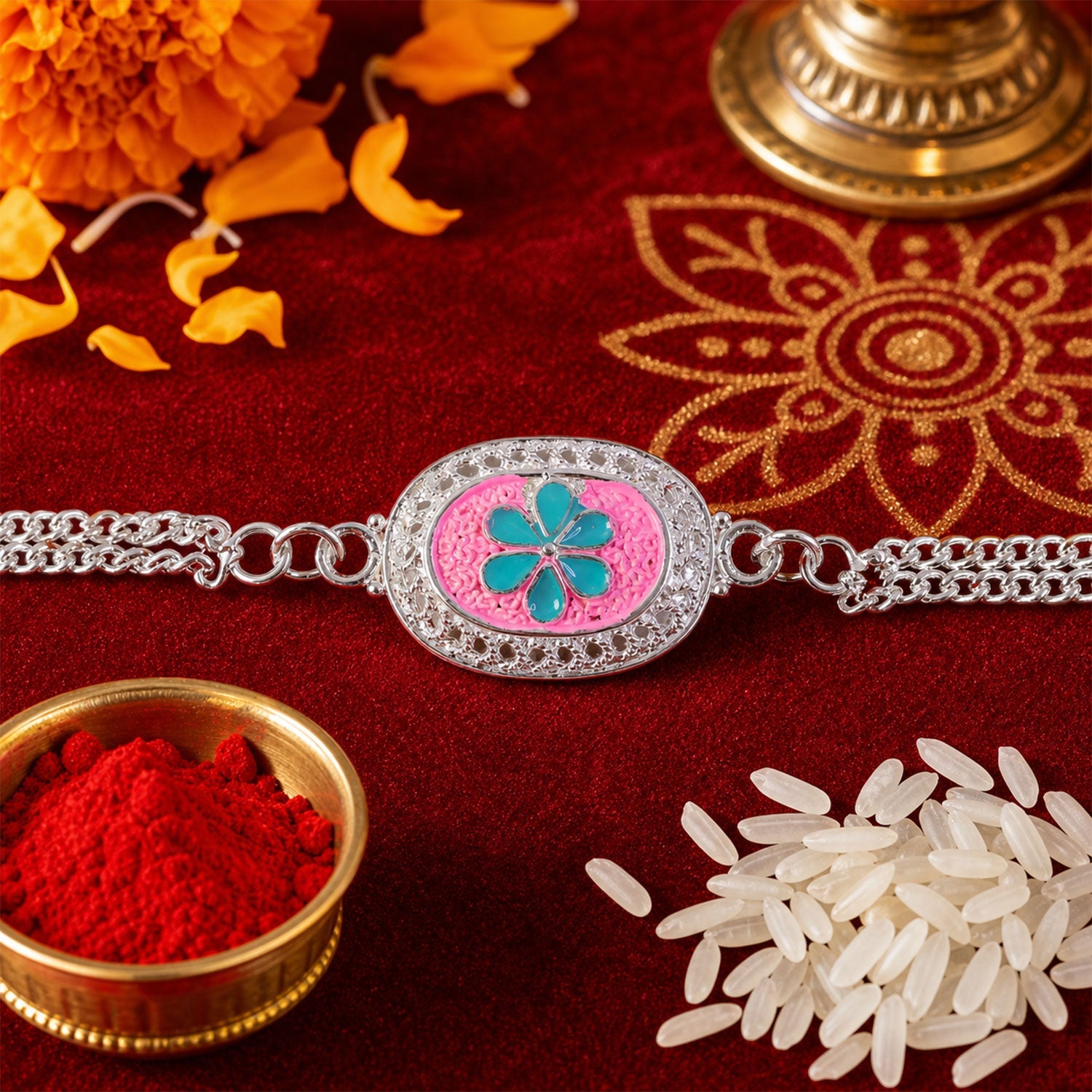 Silver Floral AD Stone Bracelet Rakhi for Brother