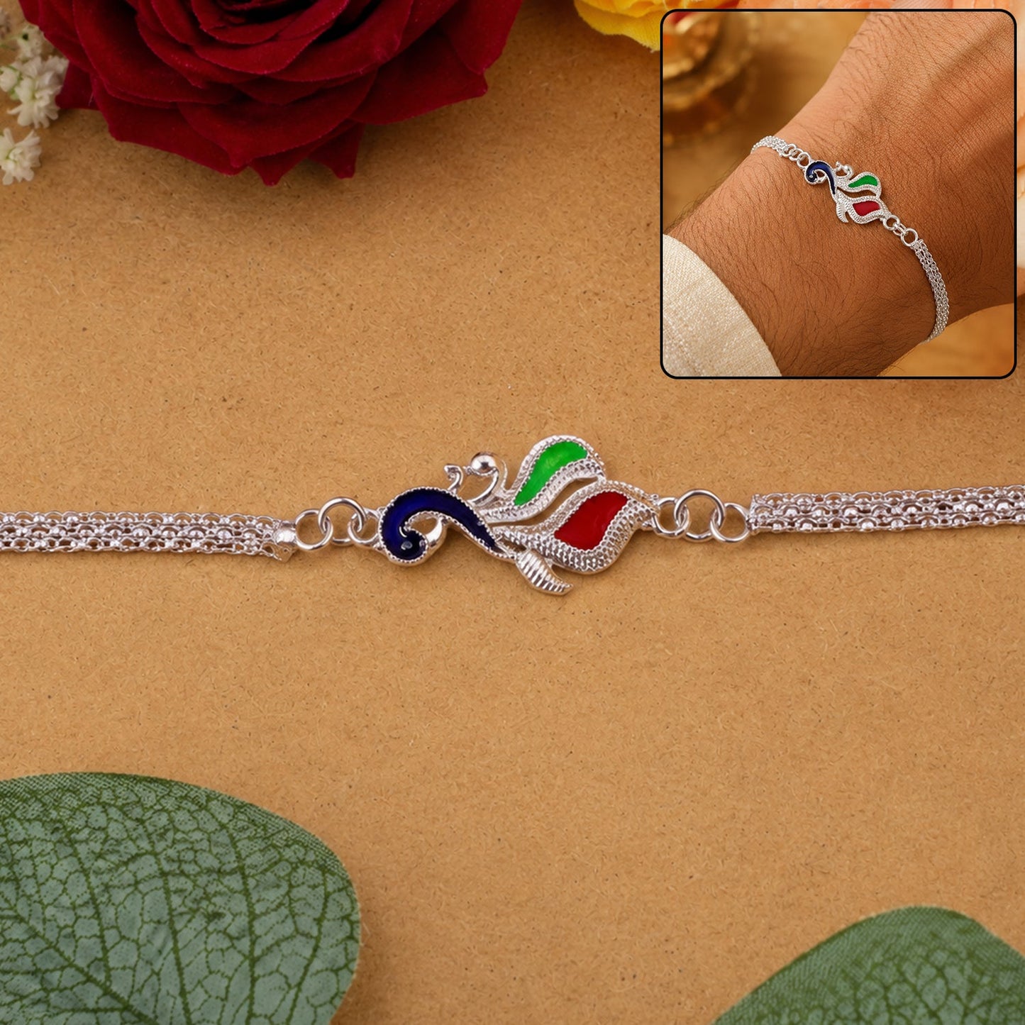 Silver Peacock Enamel Bracelet Chain Rakhi for Brother