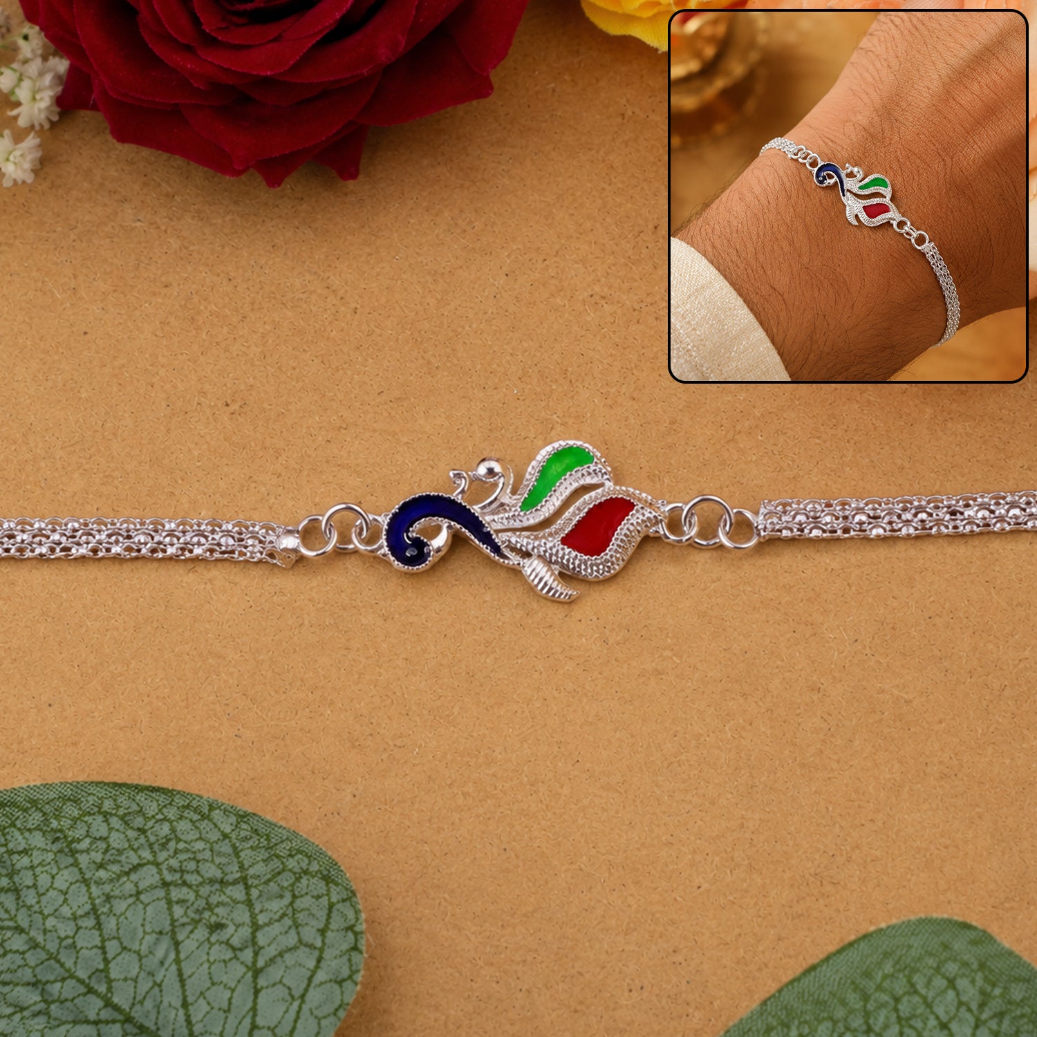 Silver Peacock Enamel Bracelet Chain Rakhi for Brother