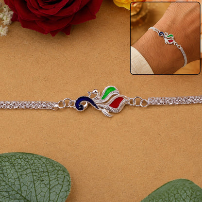 Silver Peacock Enamel Bracelet Chain Rakhi for Brother