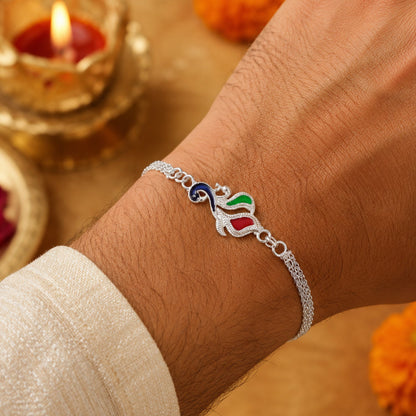 Silver Peacock Enamel Bracelet Chain Rakhi for Brother