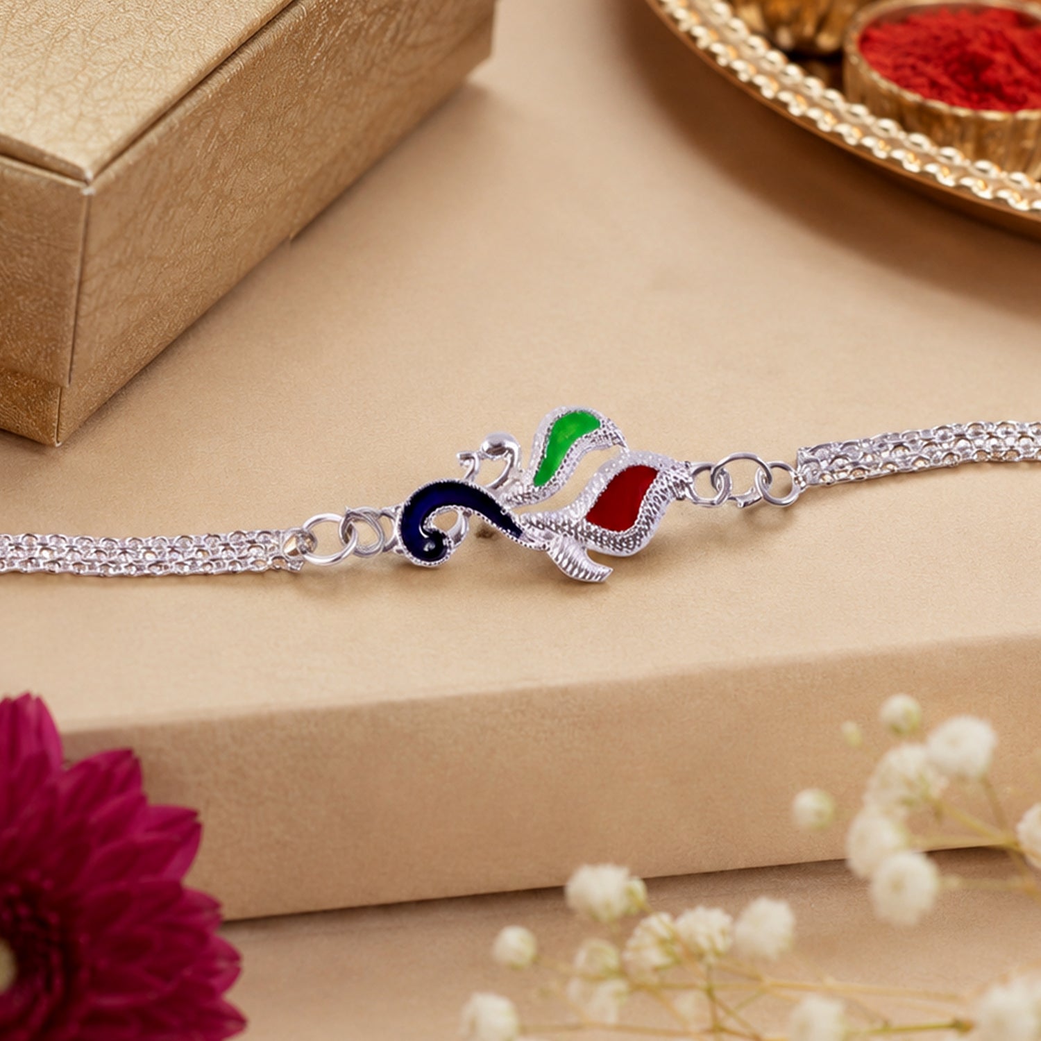 Silver Peacock Enamel Bracelet Chain Rakhi for Brother