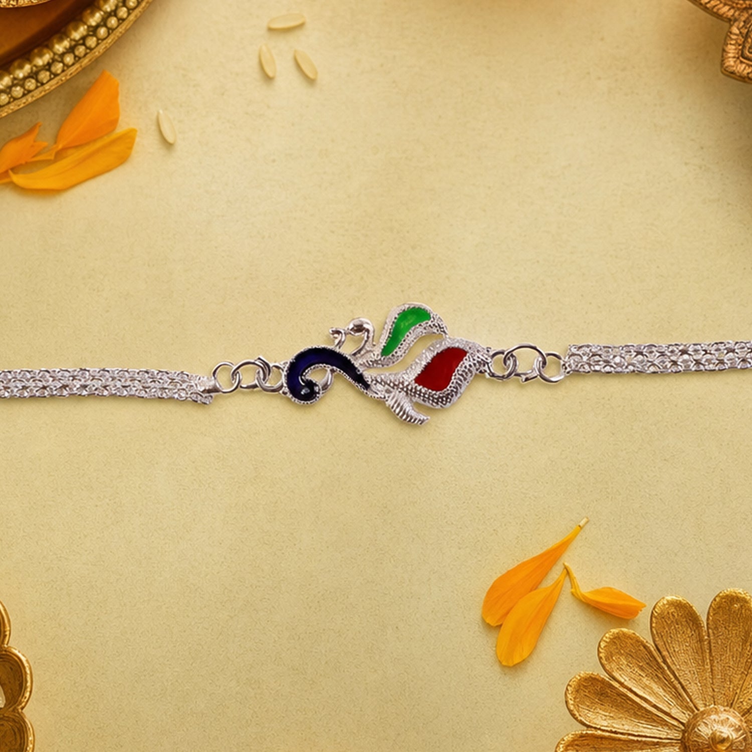 Silver Peacock Enamel Bracelet Chain Rakhi for Brother