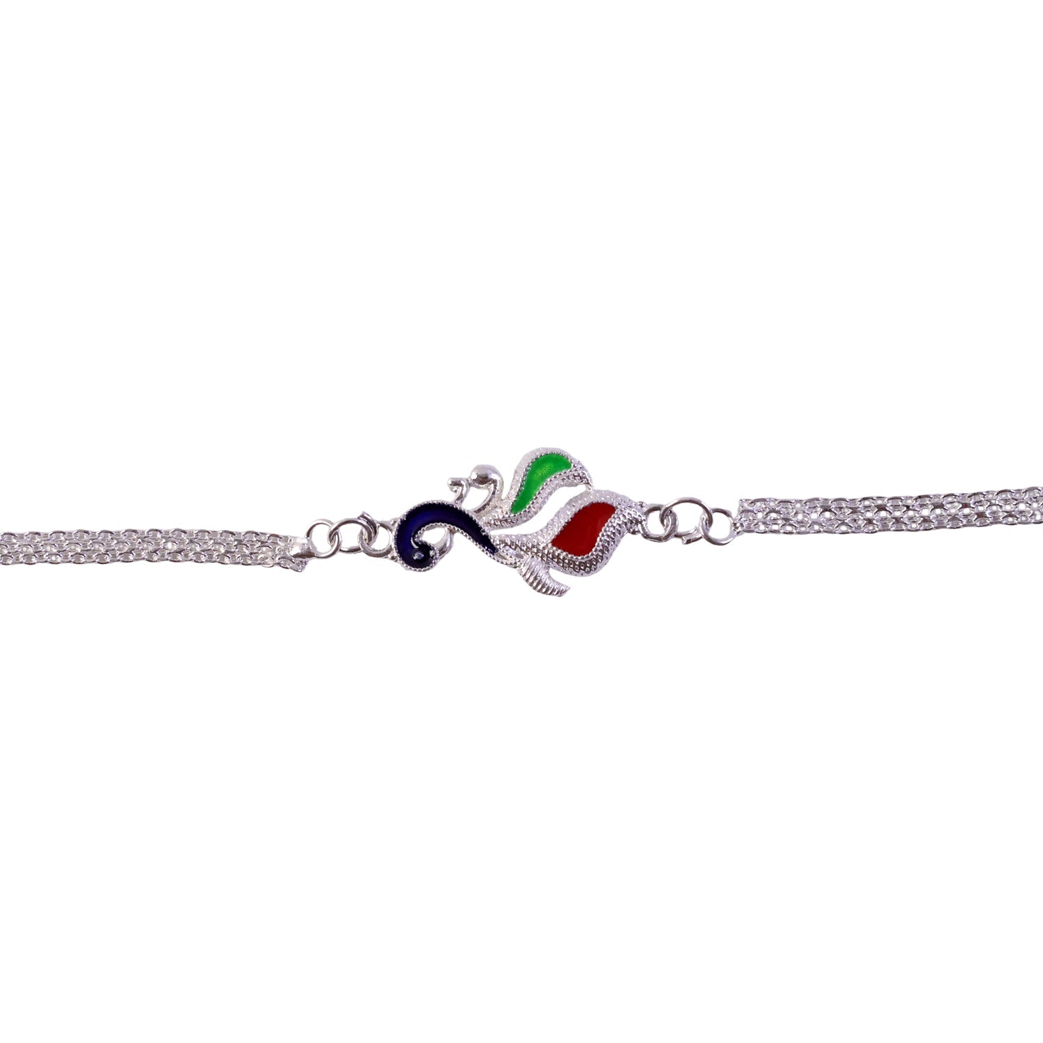 Silver Peacock Enamel Bracelet Chain Rakhi for Brother