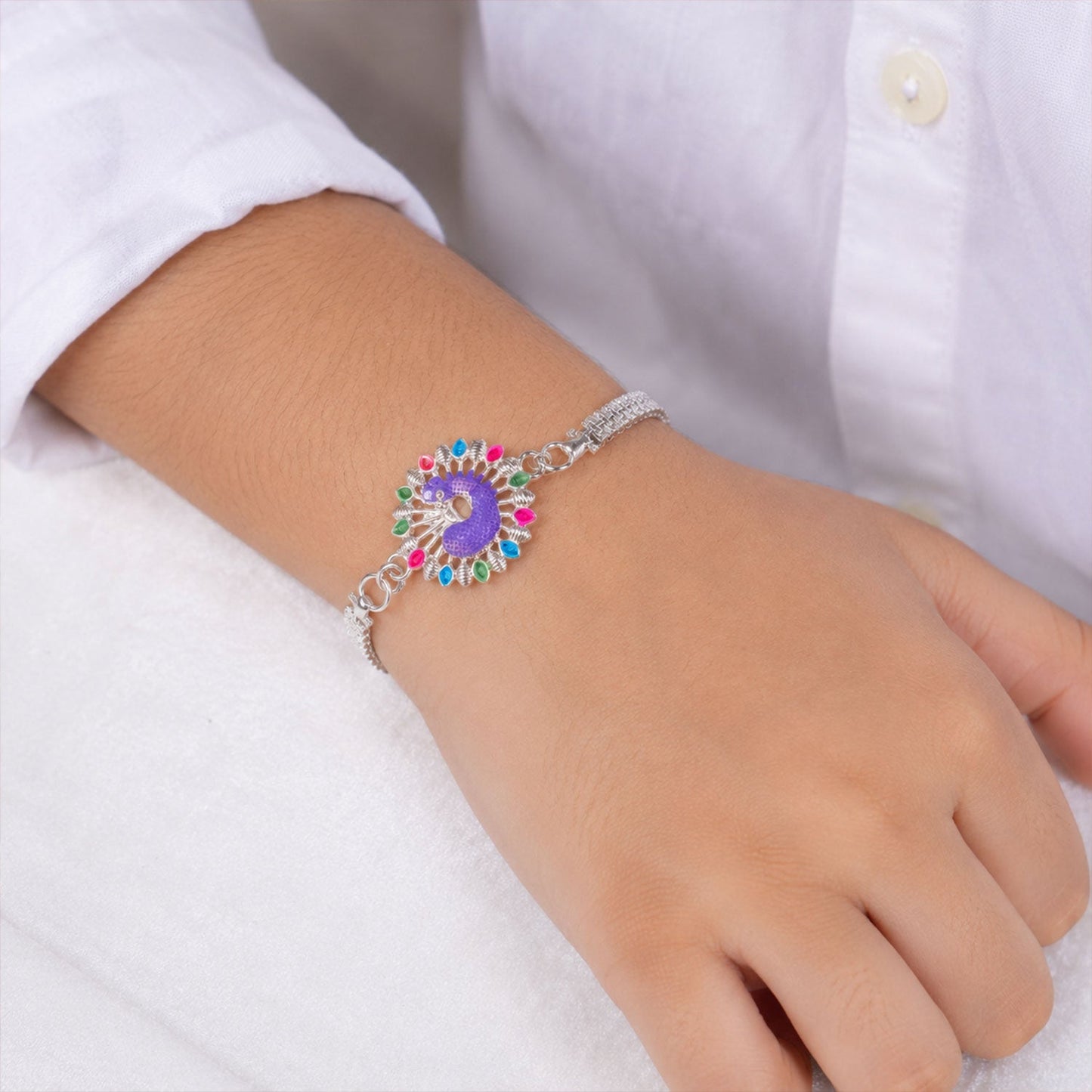 Silver Peacock Meenakari Chain Bracelet Rakhi for Brother