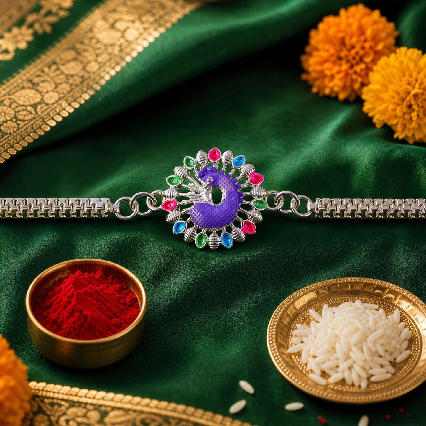 Silver Peacock Meenakari Chain Bracelet Rakhi for Brother