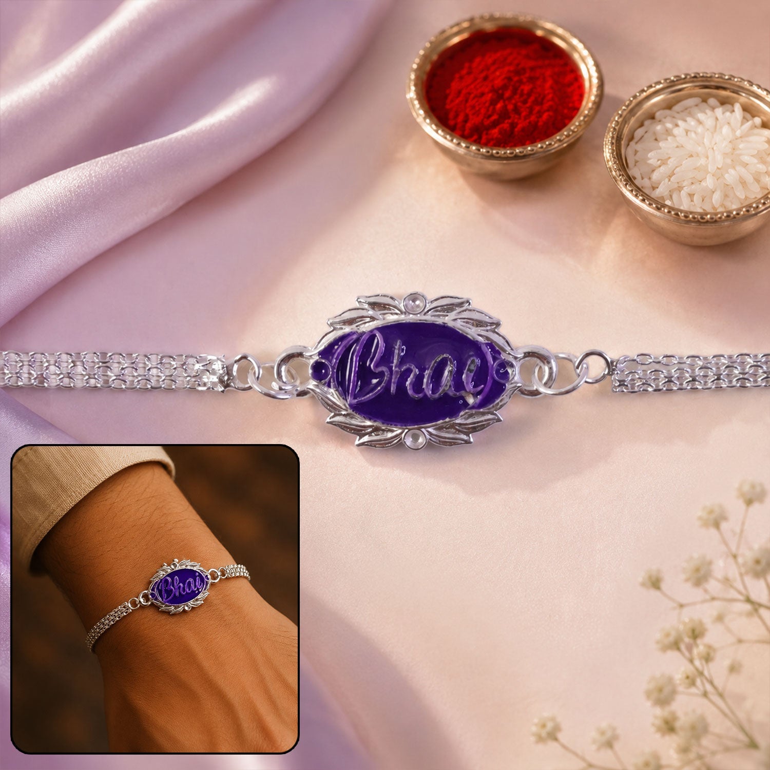 Silver Bhai Name Engraved Designer Rakhi for Brother