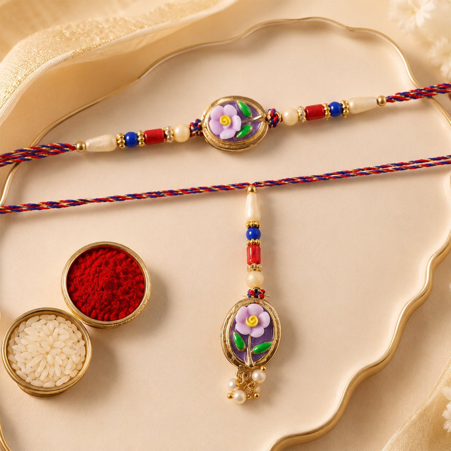 Floral Kundan Bhaiya Bhabhi Lumba Rakhi