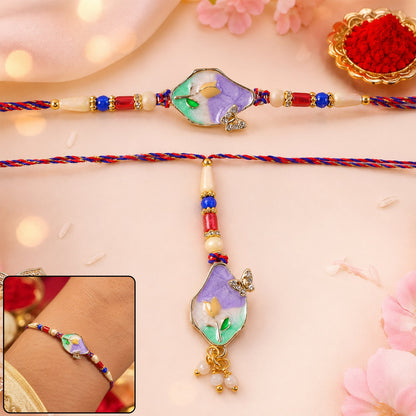 Purple Floral Kundan Bhaiya Bhabhi Lumba Rakhi
