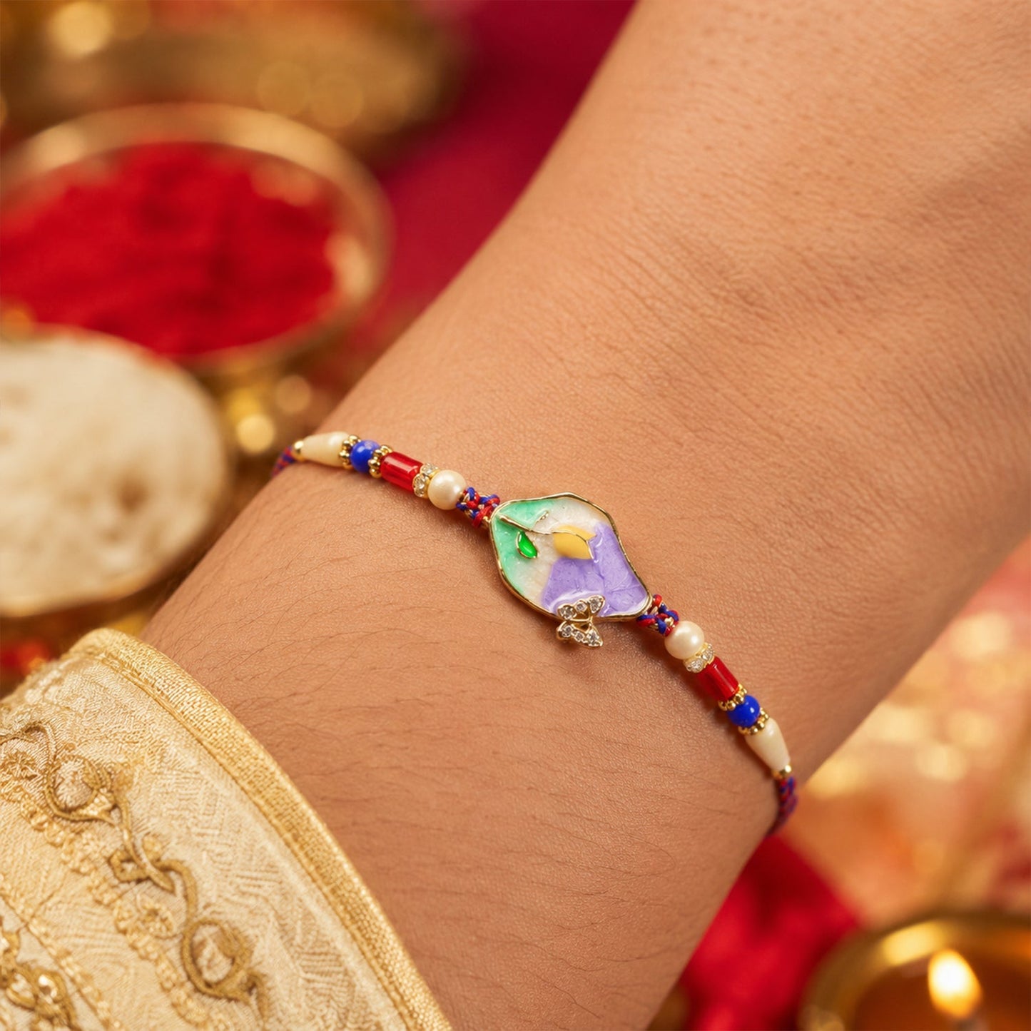 Purple Floral Kundan Bhaiya Bhabhi Lumba Rakhi