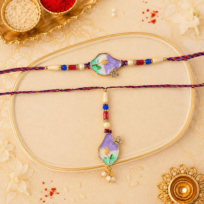 Purple Floral Kundan Bhaiya Bhabhi Lumba Rakhi