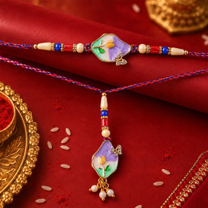 Purple Floral Kundan Bhaiya Bhabhi Lumba Rakhi